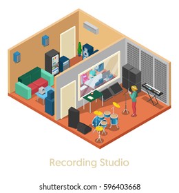 Isometric Music Recording Studio Interior With Singer. Vector 3d Flat Illustration