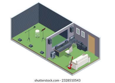 Isometric Music Recording Studio. Studio microphone. Soundproof wall in sound studio