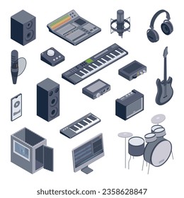 Conjunto de estudio de grabación de música isométrica con iconos aislados de micrófonos de teclado midi altavoces y mezcla ilustración vectorial de consola