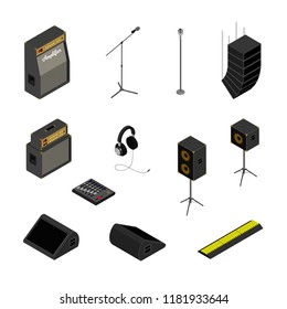 Isometric music stage equipment sound system icons set.Studio monitor,microphone stand,mixing console,headphones,line array,amplifier,loudspeakers,cable cover-audio recording,reproduction devices