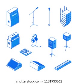 Isometric Music Stage Equipment Sound System Monochrome Icons Set.Studio Monitor,microphone Stand,mixing Console,headphones,amplifier,loudspeakers,cable Cover-audio Recording,reproduction Devices