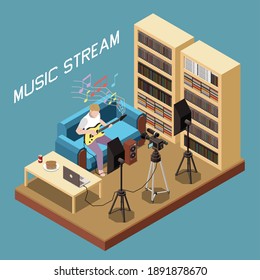 Isometric music stream composition with man playing guitar online 3d vector illustration