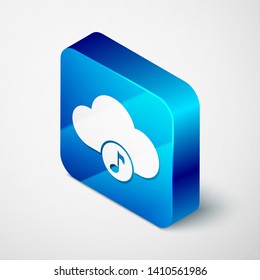 Isometric Music streaming service icon isolated on white background. Sound cloud computing, online media streaming, online song, audio wave. Blue square button. Vector Illustration