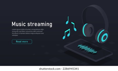 Isometric music streaming. Wireless headphones next to smartphone. Modern technologies and innovations. Songs and playlist, cloud service. Landing page design. Cartoon vector illustration