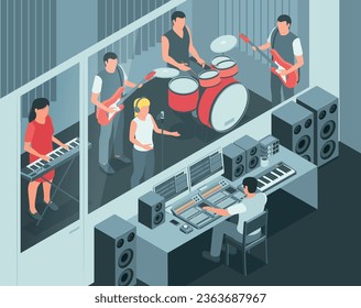 Isometric music studio composition with indoor view of sound engineer recording live band with mixing console vector illustration
