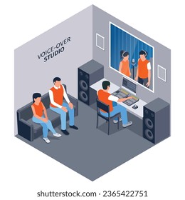 Composición de estudio de música isométrica con visión aislada interior de estudio con talentos de voz y mezcla de ilustración vectorial de ingeniero