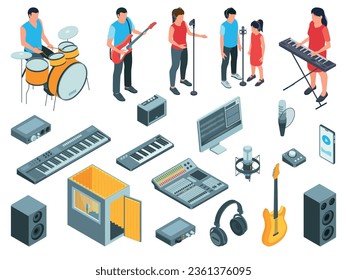 Isometric music studio people set with isolated icons of recording equipment and human characters of performers vector illustration