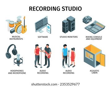 Isometric music studio set of isolated icons with text captions human characters of performers and equipment vector illustration