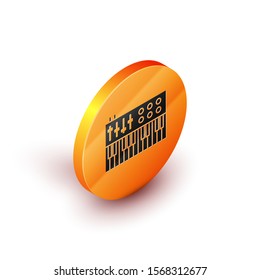 Isometric Music synthesizer icon isolated on white background. Electronic piano. Orange circle button. Vector Illustration
