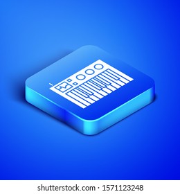 Isometric Music synthesizer icon isolated on blue background. Electronic piano. Blue square button. Vector Illustration