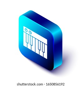 Isometric Music synthesizer icon isolated on white background. Electronic piano. Blue square button. Vector Illustration