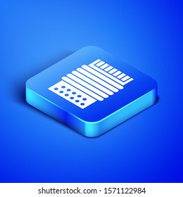 Isometric Musical instrument accordion icon isolated on blue background. Classical bayan, harmonic. Blue square button. Vector Illustration