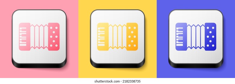 Isometric Musical instrument accordion icon isolated on pink, yellow and blue background. Classical bayan, harmonic. Square button. Vector