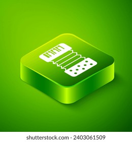 Isometric Musical instrument accordion icon isolated on green background. Classical bayan, harmonic. Green square button. Vector
