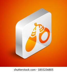 Isometric Musical instrument castanets icon isolated on orange background. Silver square button. Vector.