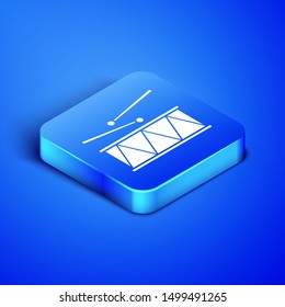 Isometric Musical instrument drum and drum sticks icon isolated on blue background. Blue square button. Vector Illustration