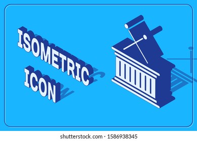 Isometric Musical instrument drum and drum sticks icon isolated on blue background.  Vector Illustration