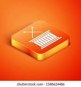 Isometric Musical instrument drum and drum sticks icon isolated on orange background.  Vector Illustration