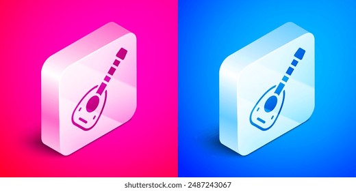 Isometric Musical instrument lute icon isolated on pink and blue background. Arabic, Oriental, Greek music instrument. Silver square button. Vector