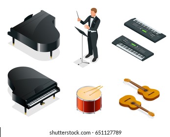 Isometric Musical instruments icons vector realistic set