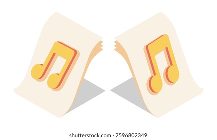 Isometric Musical note symbol on piece of paper with folded corner. Audio media file aerial view. Realistic 3D vector concept isolated on white background