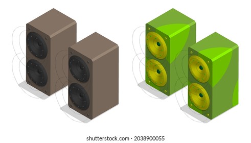 Isometric Musical speakers for playing music. Disco equipment. Realistic 3D vector isolated on white background