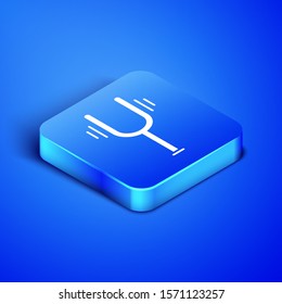 Isometric Musical tuning fork for tuning musical instruments icon isolated on blue background. Blue square button. Vector Illustration