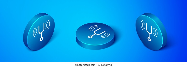 Isometric Musical tuning fork for tuning musical instruments icon isolated on blue background. Blue circle button. Vector