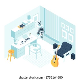 Isometric 
musician cabinet with guitar and sound speakers home furniture and accessories interior concept isolated white background