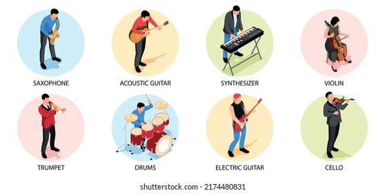 Isometric musicians composition set with people playing saxophone trumpet and drums isolated vector illustration