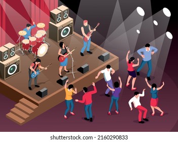 Isometric musicians concept with rock band playing on scene vector illustration