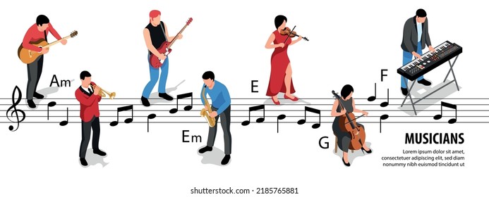 Isometrische Musiker informieren über Menschen, die Instrumente mit Noten auf dem Hintergrund, Vektorgrafik