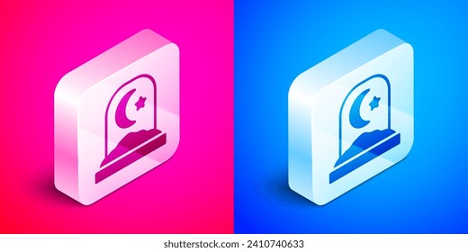 Isometric Muslim cemetery icon isolated on pink and blue background. Islamic gravestone. Silver square button. Vector