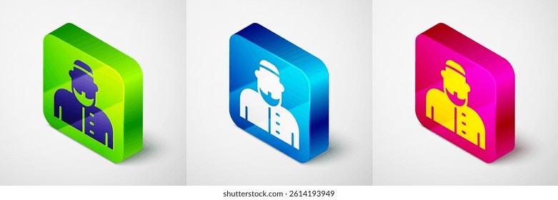 Isometric Muslim man icon isolated on grey background. Square button. Vector