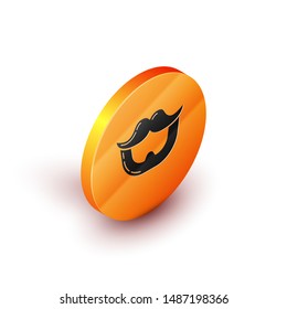 Isometric Mustache and beard icon isolated on white background. Barbershop symbol. Facial hair style. Orange circle button. Vector Illustration