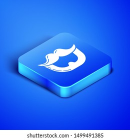 Isometric Mustache and beard icon isolated on blue background. Barbershop symbol. Facial hair style. Blue square button. Vector Illustration