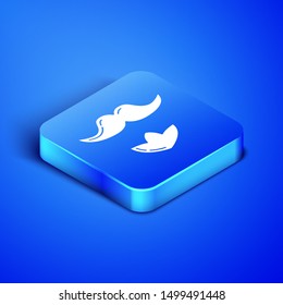 Isometric Mustache and beard icon isolated on blue background. Barbershop symbol. Facial hair style. Blue square button. Vector Illustration