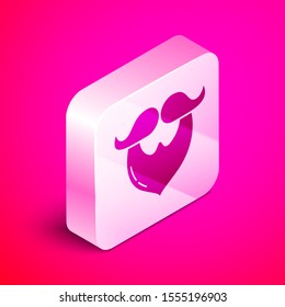 Isometric Mustache and beard icon isolated on pink background. Barbershop symbol. Facial hair style. Silver square button. Vector Illustration