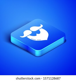 Isometric Mustache and beard icon isolated on blue background. Barbershop symbol. Facial hair style. Blue square button. Vector Illustration