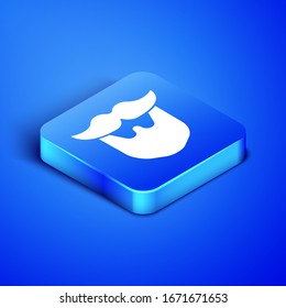 Isometric Mustache and beard icon isolated on blue background. Barbershop symbol. Facial hair style. Blue square button. Vector Illustration