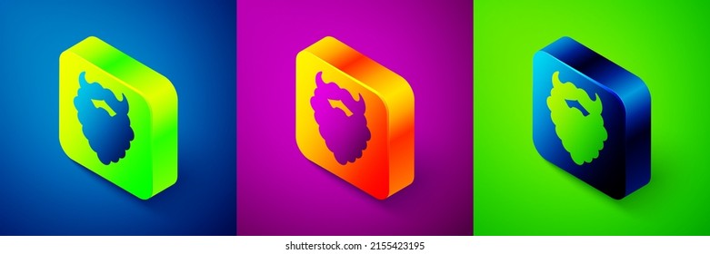 Isometric Mustache and beard icon isolated on blue, purple and green background. Barbershop symbol. Facial hair style. Square button. Vector
