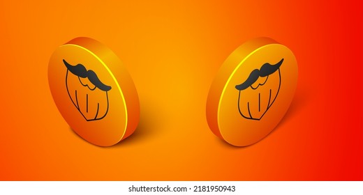 Isometric Mustache and beard icon isolated on orange background. Barbershop symbol. Facial hair style. Orange circle button. Vector