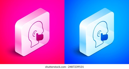 Isometric Mustache and beard icon isolated on pink and blue background. Barbershop symbol. Facial hair style. Silver square button. Vector