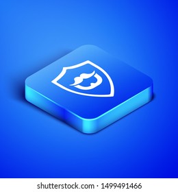 Isometric Mustache and beard on shield icon isolated on blue background. Barbershop symbol. Facial hair style. Blue square button. Vector Illustration