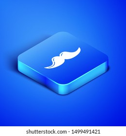 Isometric Mustache icon isolated on blue background. Barbershop symbol. Facial hair style. Blue square button. Vector Illustration