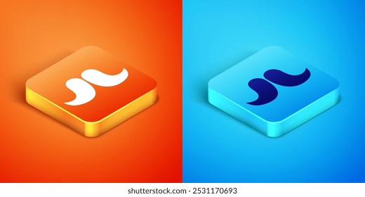 Isometric Mustache icon isolated on orange and blue background. Barbershop symbol. Facial hair style.  Vector