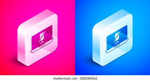 Isometric Mute microphone on laptop icon isolated on pink and blue background. Microphone audio muted. Silver square button. Vector