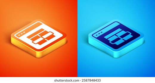 Isometric MySQL code icon isolated on orange and blue background. HTML Code symbol for your web site design.  Vector