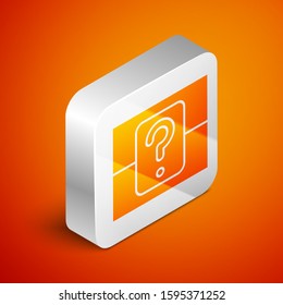 Isometric Mystery box or random loot box for games icon isolated on orange background. Question box. Silver square button. Vector Illustration