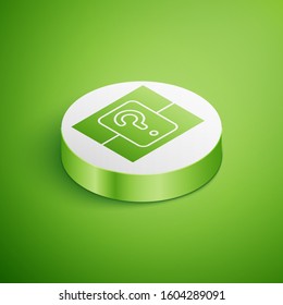 Isometric Mystery box or random loot box for games icon isolated on green background. Question box. White circle button. Vector Illustration